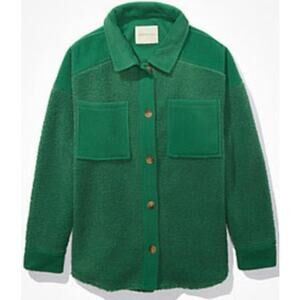 American Eagle Long Sleeve Sherpa Fleece Shirt Jacket Shacket Green Large